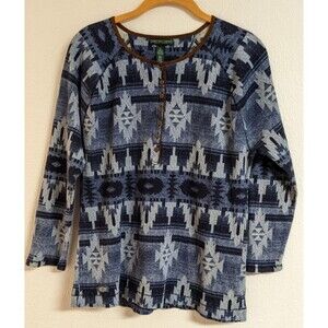 Women's RALPH LAUREN Lauren Jeans Co Cotton Blue Aztec Henley Top Shirt XL
